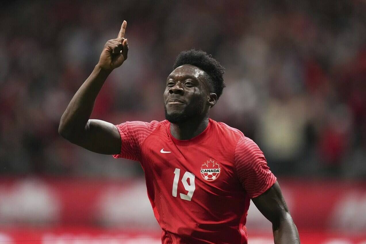 FILE - Canada’s Alphonso Davies celebrates his penalty-kick goal against Curacao during the first half of a CONCACAF Nations League soccer match Thursday, June 9. 2022, in Vancouver, British Columbia. (Darryl Dyck/The Canadian Press via AP, File)