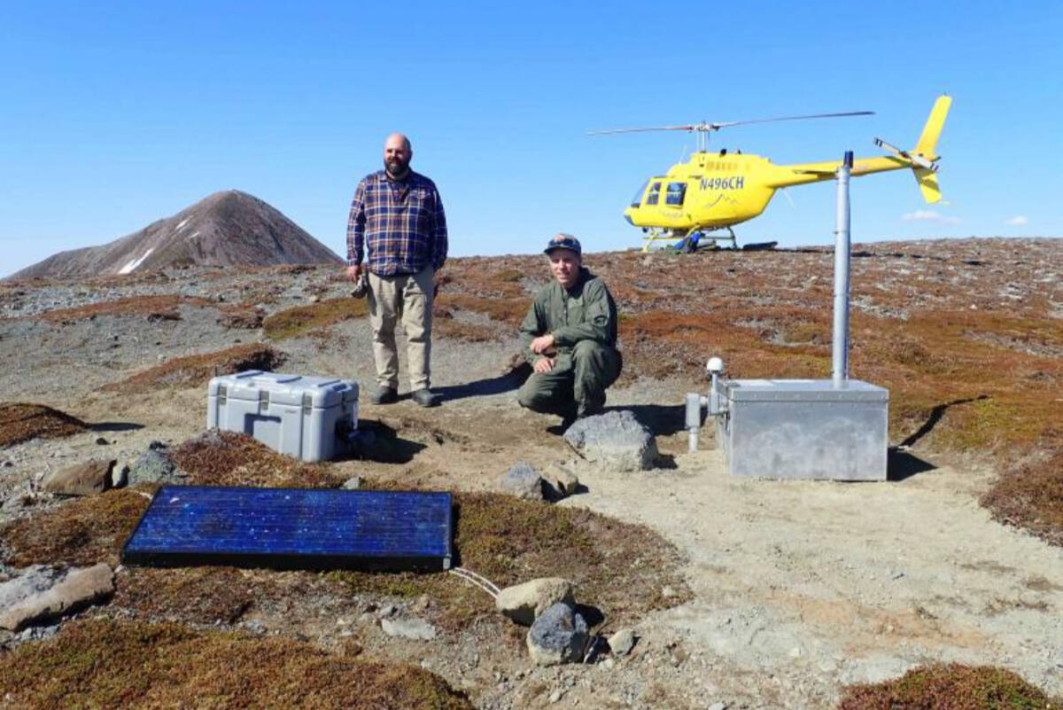 Max Enders and Max Kaufman at the temporary seismic station they installed on Crater Ridge, close to Mount Edgecumbe. (Photo: Max Kaufman/Alaska Volcano Observatory)