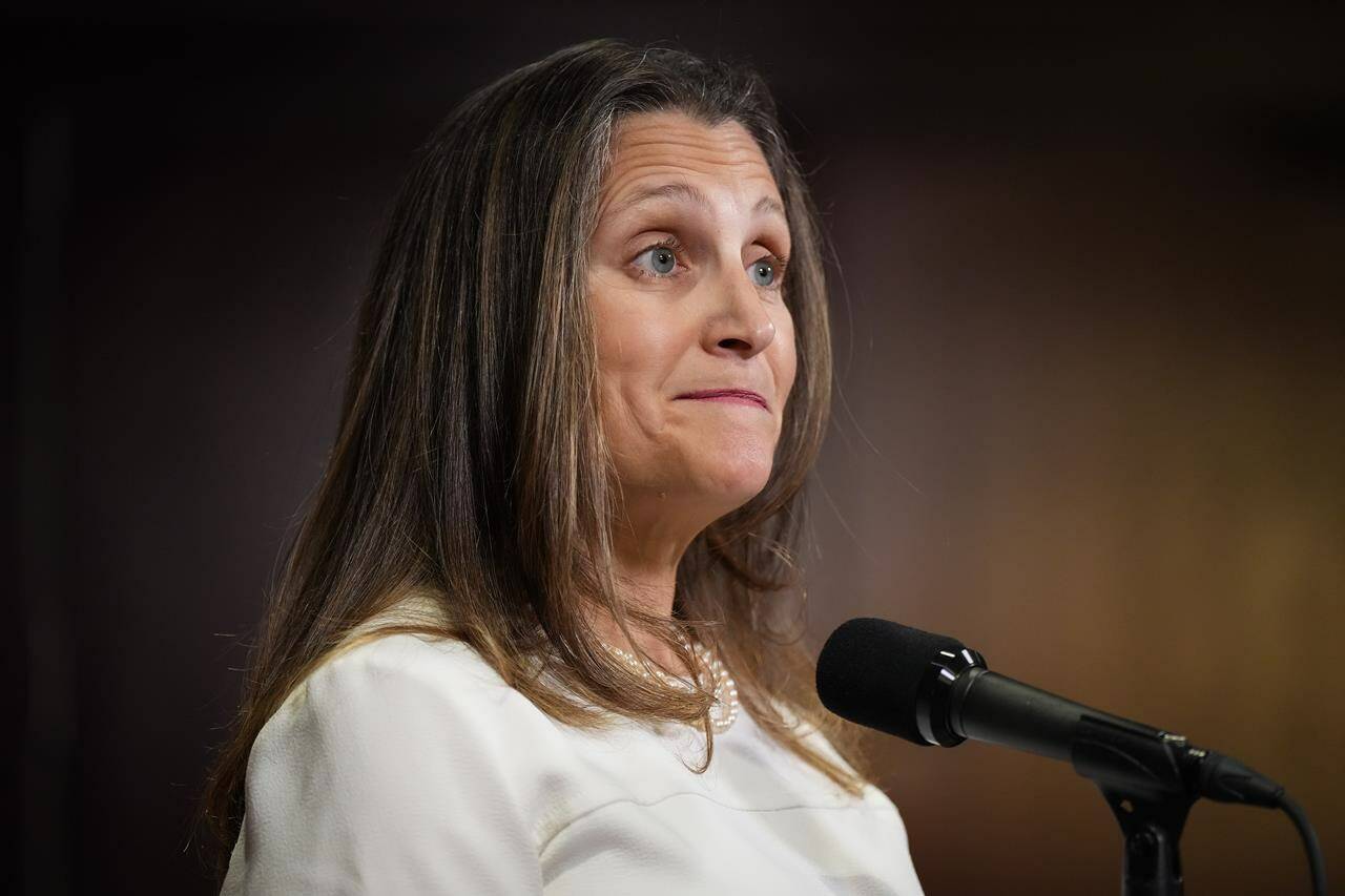 Deputy Prime Minister and Minister of Finance Chrystia Freeland pauses while responding to questions during the second day of a Liberal cabinet retreat, in Vancouver, on Wednesday, September 7, 2022. THE CANADIAN PRESS/Darryl Dyck