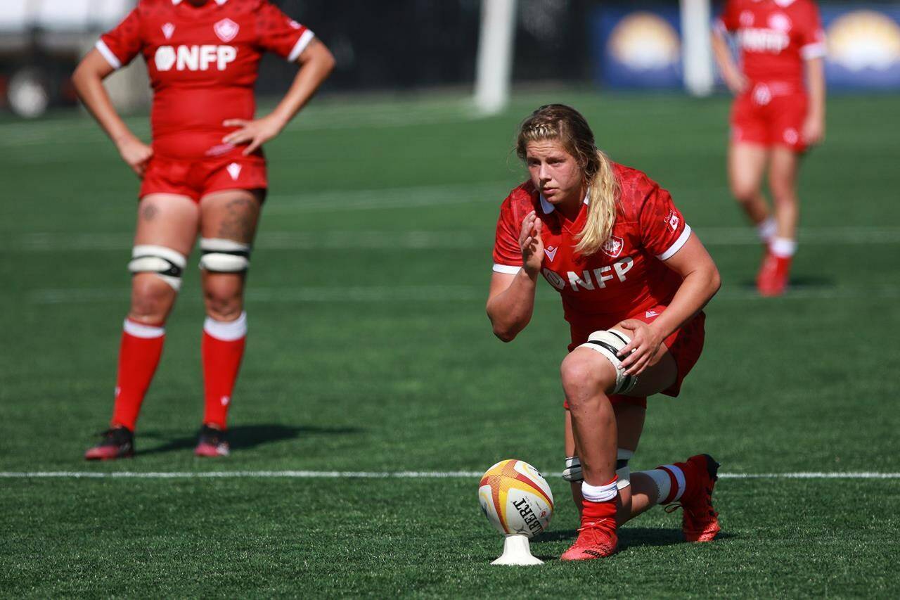 Team Canada’s Sophie de Goede lines up for a penalty kick against Team Italy during second half test match rugby action at Starlight Stadium in Langford, B.C., on Sunday, July 24, 2022.THE CANADIAN PRESS/Chad Hipolito