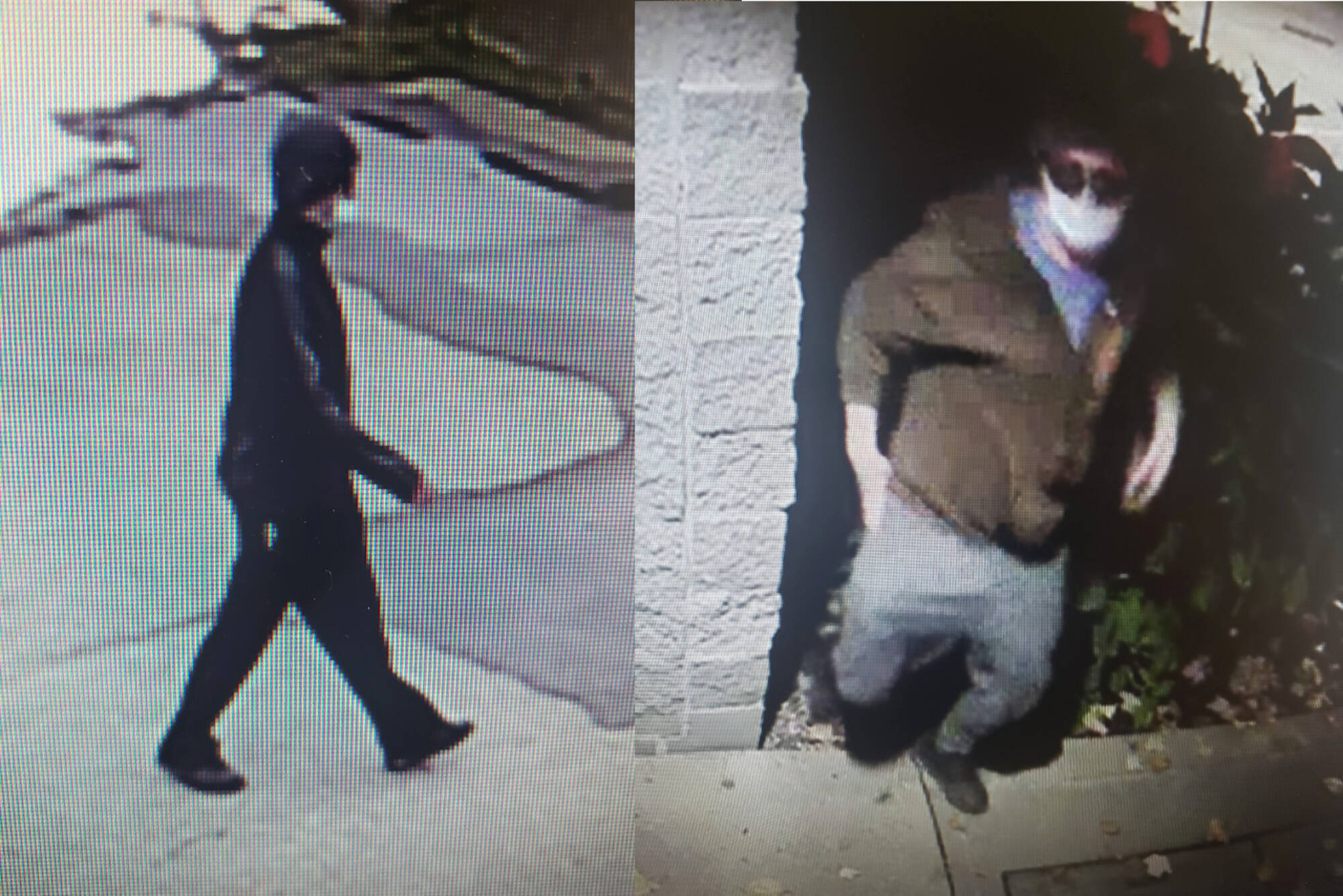 Both Sicamous and Salmon Arm RCMP are requesting the public’s help locating the suspect in two separate incidents in Sicamous and Salmon Arm on Oct. 21 that they think may have been committed by the same person. The first image from left was taken in Sicamous, the second in Salmon Arm. (RCMP images)