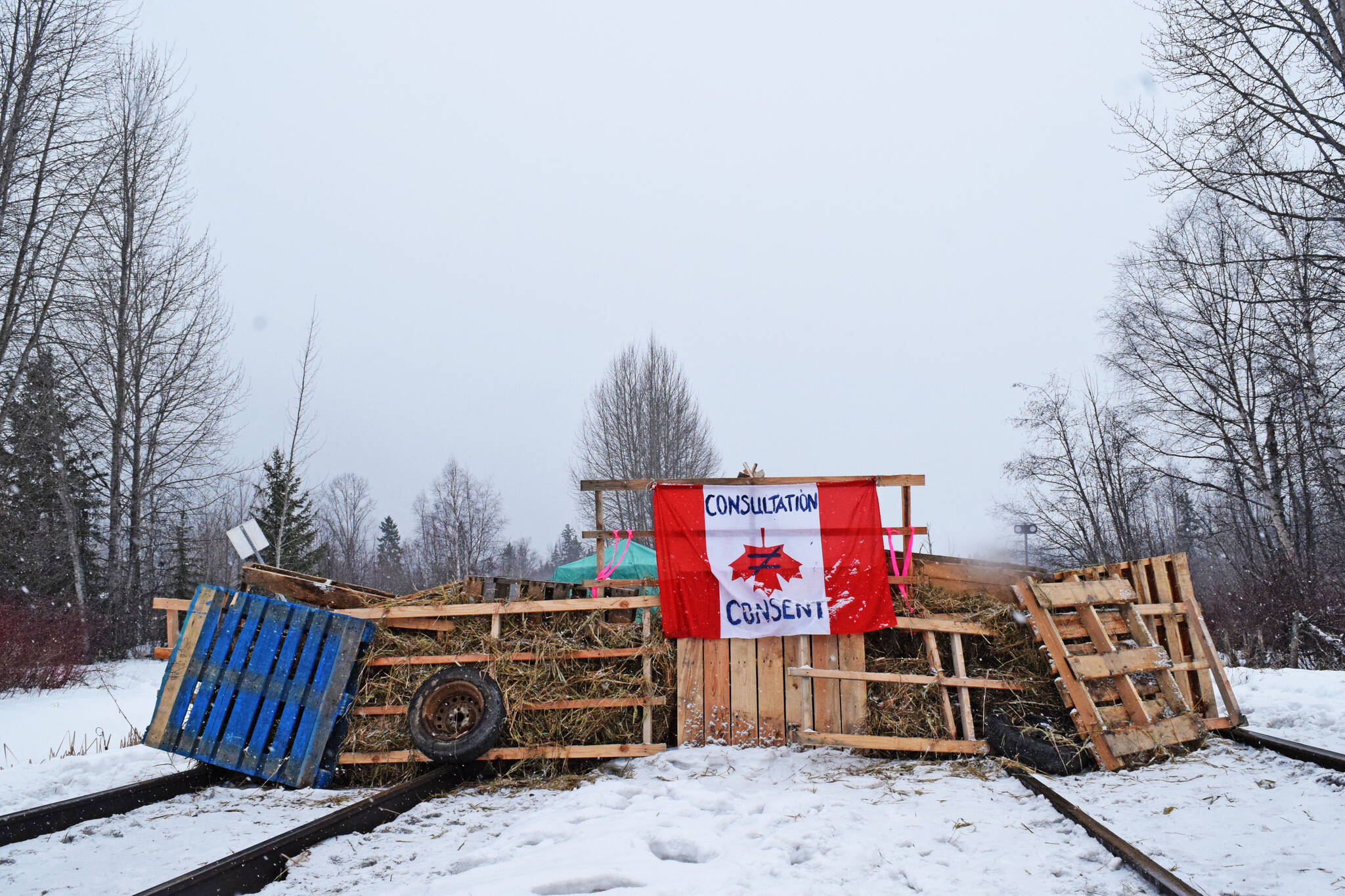 A makeshift blockade on the tracks at New Hazelton in February 2020. Wet’suwet’en opponents of the Coastal GasLink have called on supporters to take action this weekend. (Black Press Media file photo)