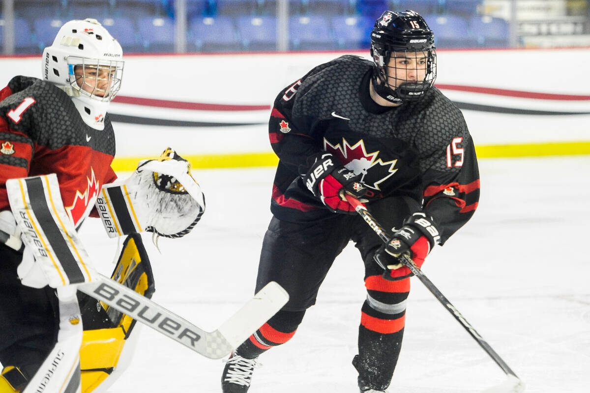 Lynden Lakovic (right) from Kelowna, B.C. is a forward for the Moose Jaw Warriors and was selected as a member of the Canada Black team in the 2022 World Under-17 Hockey Challenge. (Langley Events Centre/Special to The News)