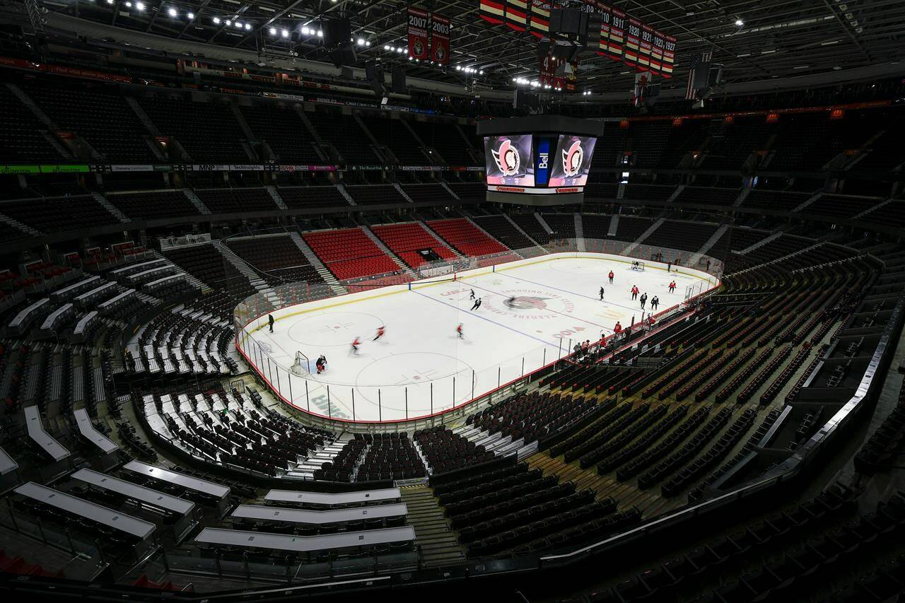 The Canadian Tire Centre is seen as the Ottawa Senators participate in a scrimmage during the team’s training camp in Ottawa, on Thursday, Sept. 22, 2022. The board of directors of Senators Sports & Entertainment says a process has been initiated for the sale of the NHL club. THE CANADIAN PRESS/Justin Tang