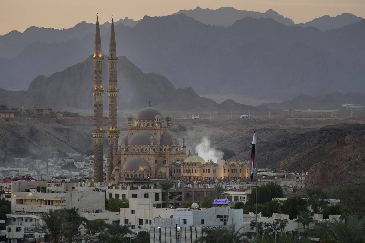 The sun sets over Al Sahaba mosque in the old market in Sharm el-Sheikh, Egypt, Friday, Nov. 4, 2022. Sharm el-Sheikh will host the COP27 UN Climate Summit starting on Nov. 6. THE CANADIAN PRESS/AP Photo/Peter Dejong