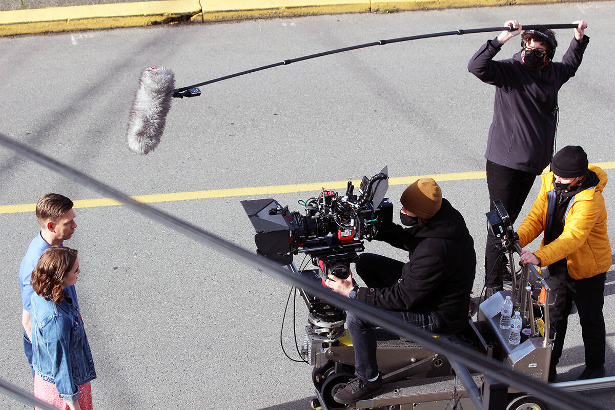 Camera and sound crew set up for a shot for a film production in Chemainus. (Photo by Don Bodger)