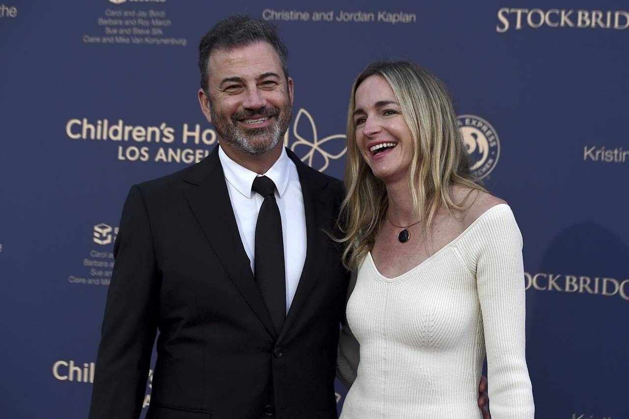 Jimmy Kimmel, left, and Molly McNearney arrive at the 2022 Children’s Hospital Los Angeles Gala, Saturday, Oct. 8, 2022, at Barker Hanger in Santa Monica, Calif. (Photo by Jordan Strauss/Invision/AP)