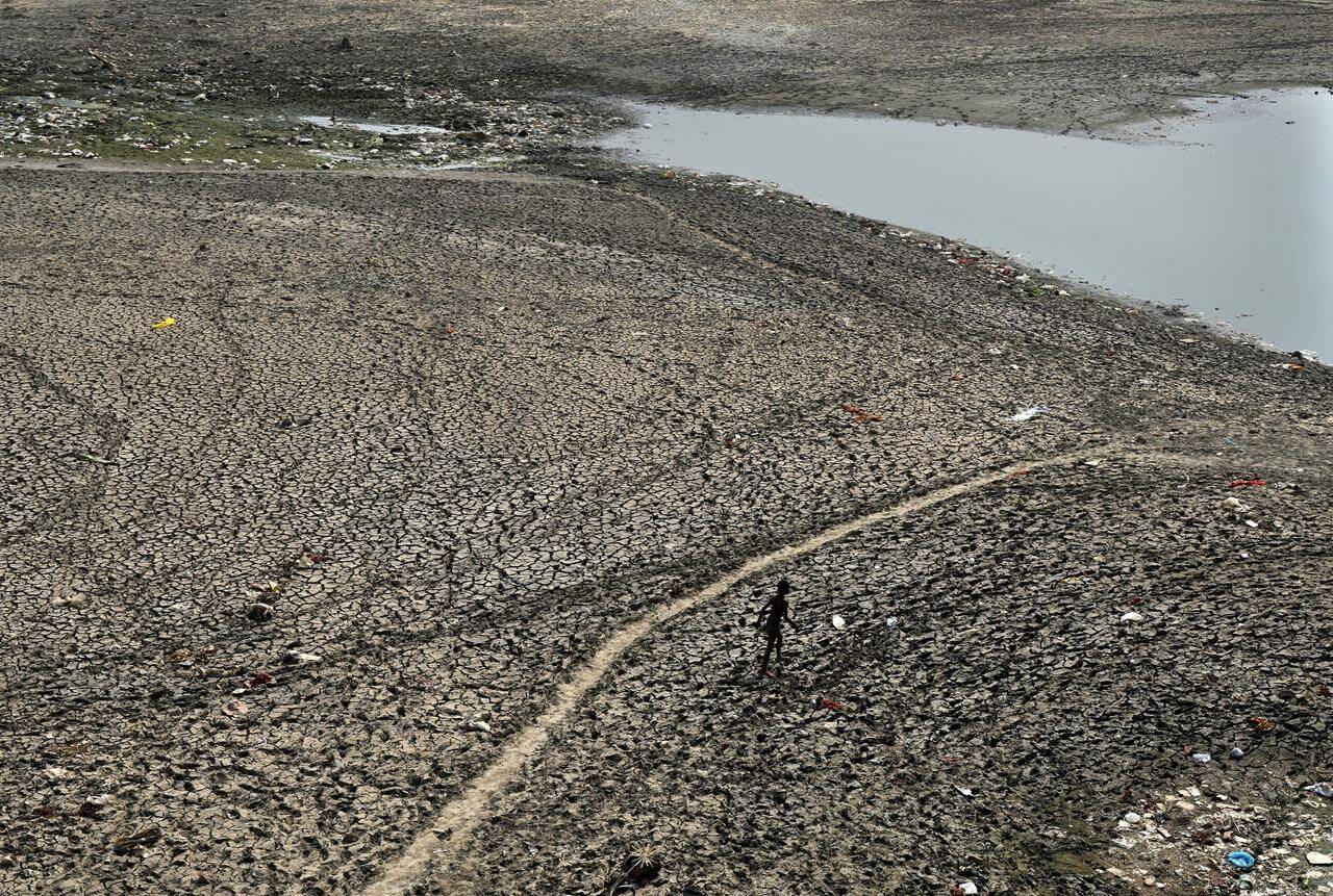 FILE - A man walks across a dried patch of the river Yamuna as water level reduces drastically following heat wave to in New Delhi, May 2, 2022. Loss and damage is the human side of a contentious issue that will likely dominate climate negotiations in Egypt. In India, it’s record heat connected to climate change that caused deaths and ruined crops. (AP Photo/Manish Swarup, File)