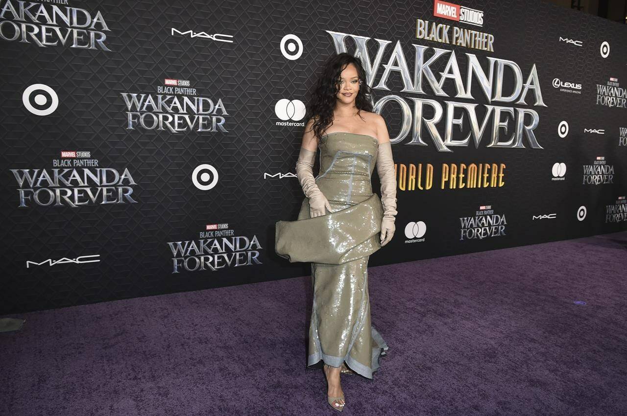 Rihanna arrives at the world premiere of “Black Panther: Wakanda Forever” on Wednesday, Oct. 26, 2022, at the Dolby Theatre in Los Angeles. (Photo by Richard Shotwell/Invision/AP)