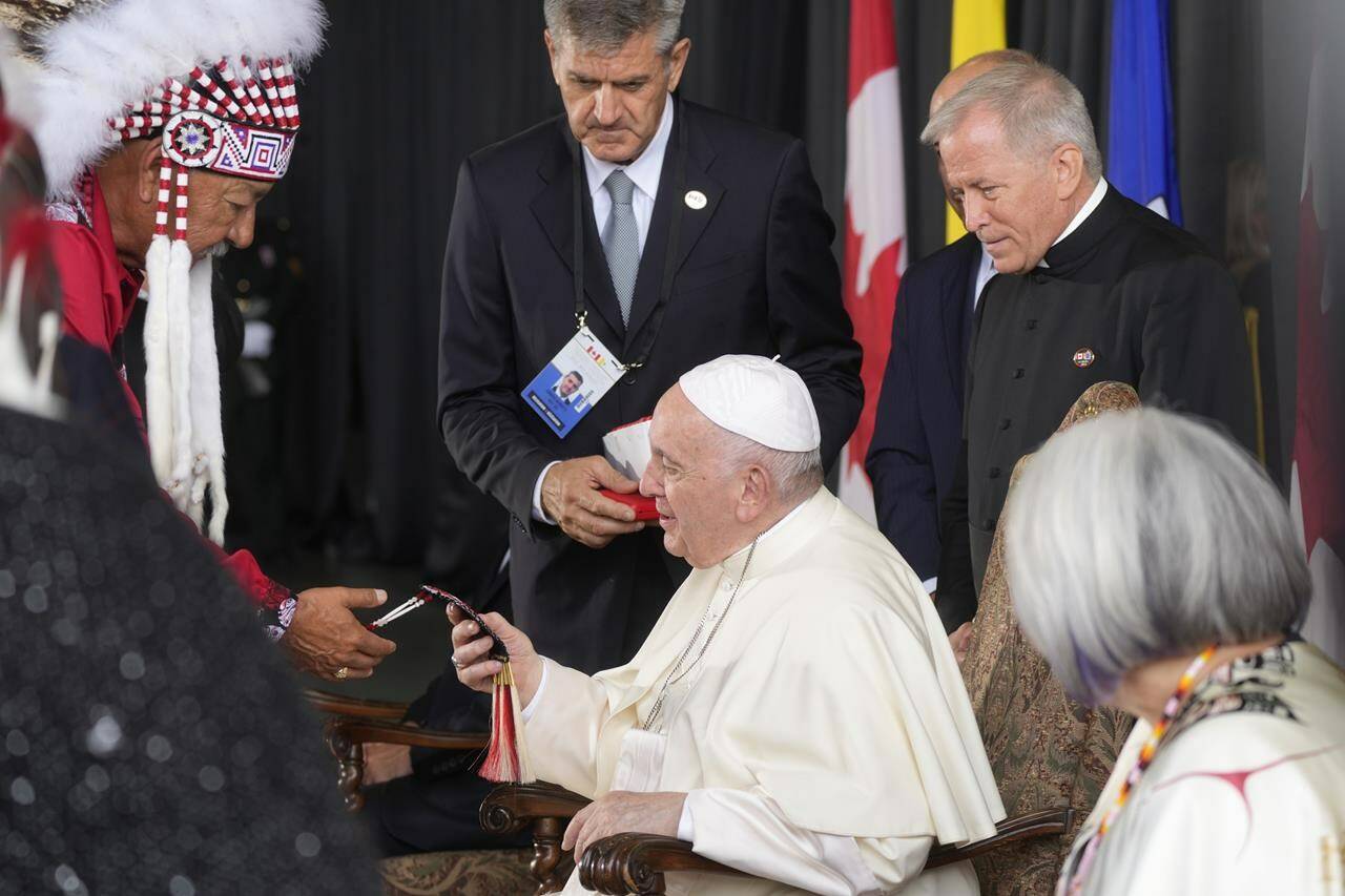 Pope Francis meets with Indigenous leaders as he arrives at Edmonton’s International airport, Canada, Sunday, July 24, 2022. Before Pope Francis’s arrival in Canada last July, federal officials flagged concerns about the level of consultation done with a First Nations community set to host him.THE CANADIAN PRESS/AP, Gregorio Borgia