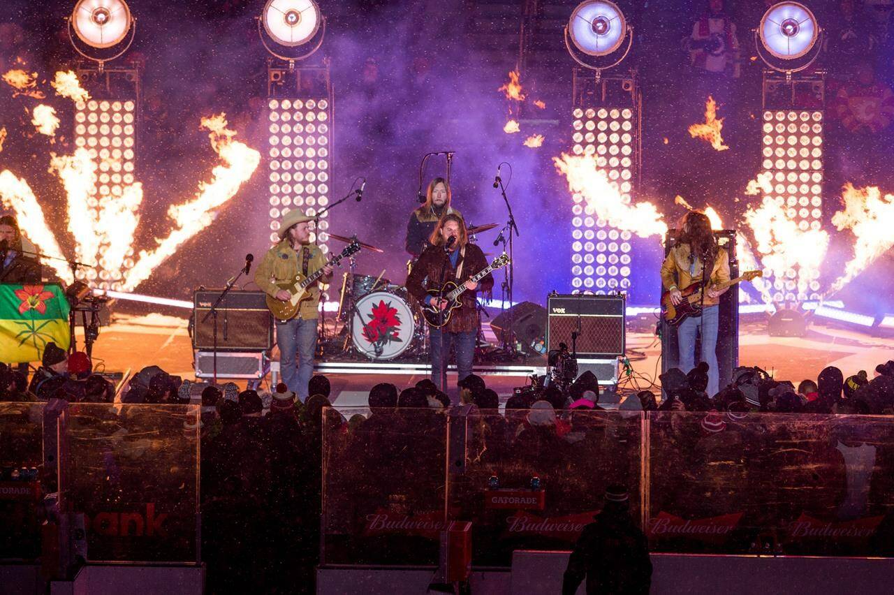 The Sheepdogs perform after the first period of the NHL Heritage Classic outdoor hockey game as the Winnipeg Jets take on the Calgary Flames in Regina on Saturday, October 26, 2019. Concertgoers are rushing back to shows and more musicians are on the road than venues can schedule. At first glance, it might seem like the live music scene is booming for everyone. But that’s not the case, industry insiders say. THE CANADIAN PRESS/Matt Smith