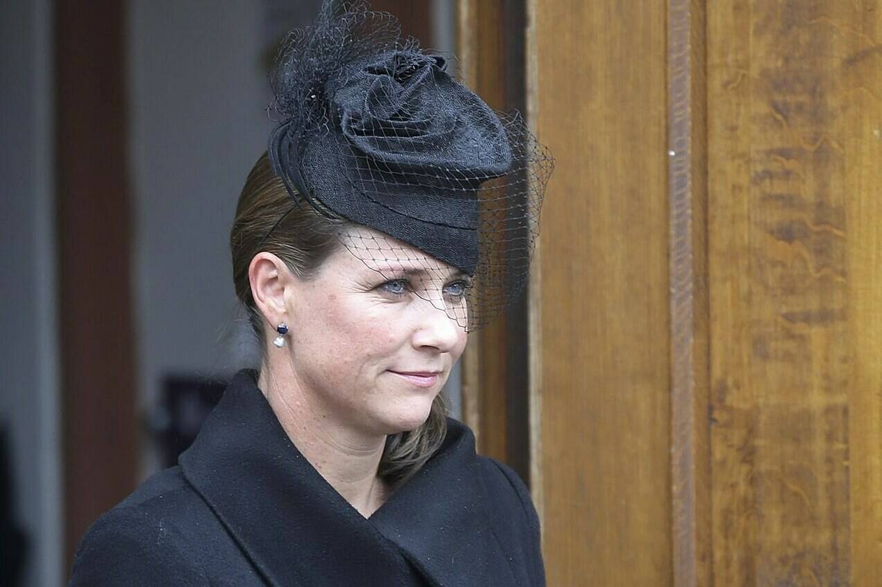 FILE - Princess Martha Louise of Norway leaves the protestant church after a funeral service for the late husband of Princess Benedikte, Prince Richard of Sayn-Wittgenstein-Berleburg, in Bad Berleburg, Germany, Tuesday, March 21, 2017. Princess Märtha Louise, the daughter of Norway’s King Harald, said Tuesday, Nov. 8, 2022, she no longer will officially represent the Norwegian royal house following “many questions relating to me and my fiancé’s role.” (AP Photo/Michael Probst, File)