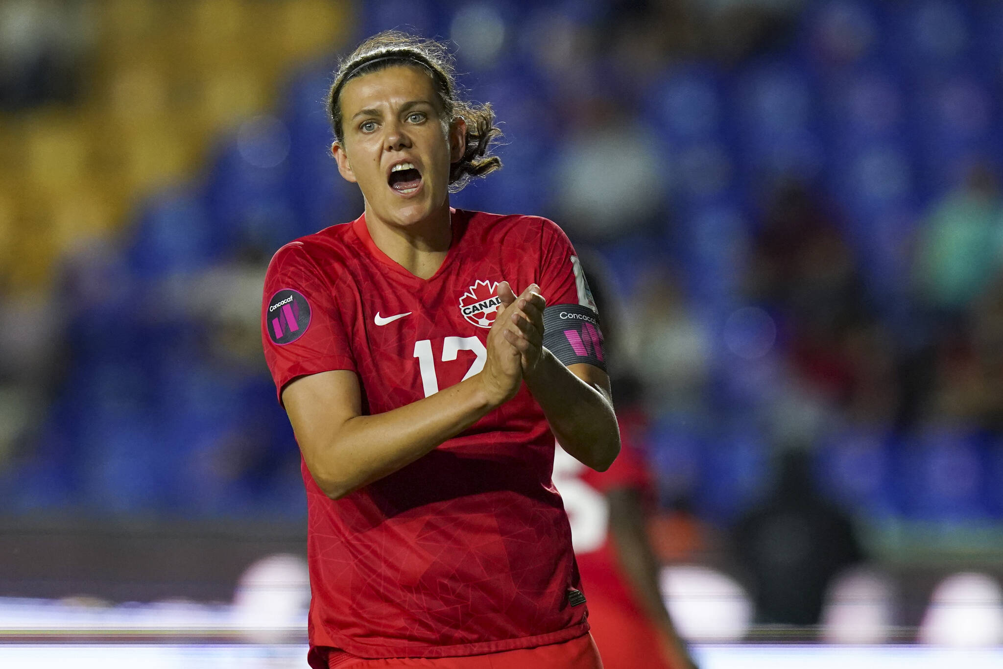 FILE - Canada’s Christine Sinclair reacts during a CONCACAF Women’s Championship soccer semifinal match against Jamaica in Monterrey, Mexico, Thursday, July 14, 2022. Sinclair has played for the Portland Thorns since 2013, at the start of the National Women’s Soccer League. Now the Thorns are preparing for Saturday’s NWSL championship game in Washington D.C. against the Kansas City Current, in a match broadcast in primetime on CBS.(AP Photo/Fernando Llano, File)