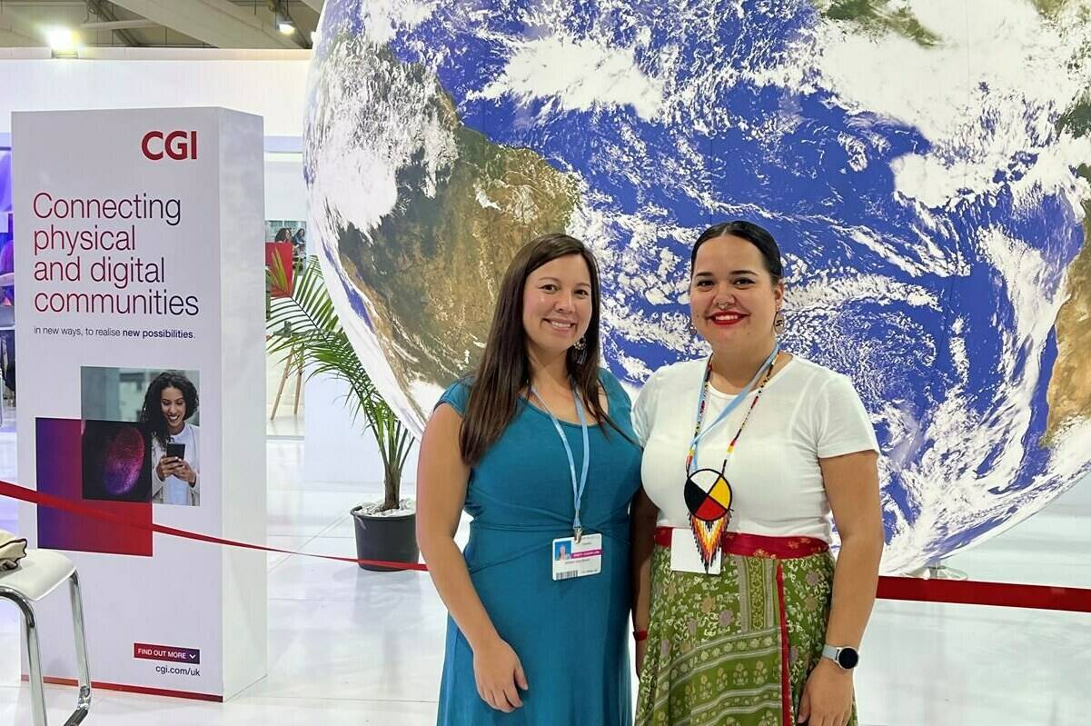 Yukon delegates Jocelyn Joe-Strack, left, research chair in Indigenous Knowledge at Yukon University and co-lead of the Yukon First Nations Climate Action Fellowship, poses with Carissa Waugh, a fellow with the Yukon First Nations Climate Action Fellowship, for a picture at COP27 in Sharm El-Sheikh, Egypt, in a Nov. 11, 2022, handout photo. THE CANADIAN PRESS/HO-