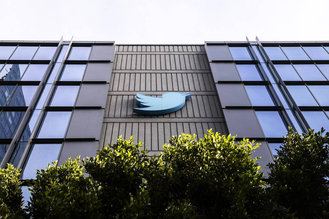 The Twitter logo is seen at the social media company’s headquarters in San Francisco on Friday, Nov. 11, 2022. (Stephen Lam/San Francisco Chronicle via AP)