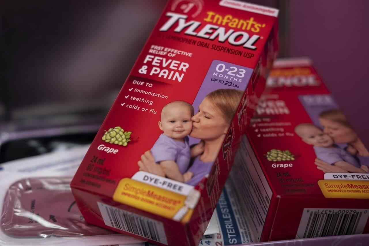Infants’ Tylenol brand fever and pain reliever is seen in a home in Toronto, Friday, Oct. 7, 2022. Health Canada says it’s importing a foreign supply of children’s pain and fever medications that will be available on retail shelves in the coming weeks. THE CANADIAN PRESS/Giordano Ciampini