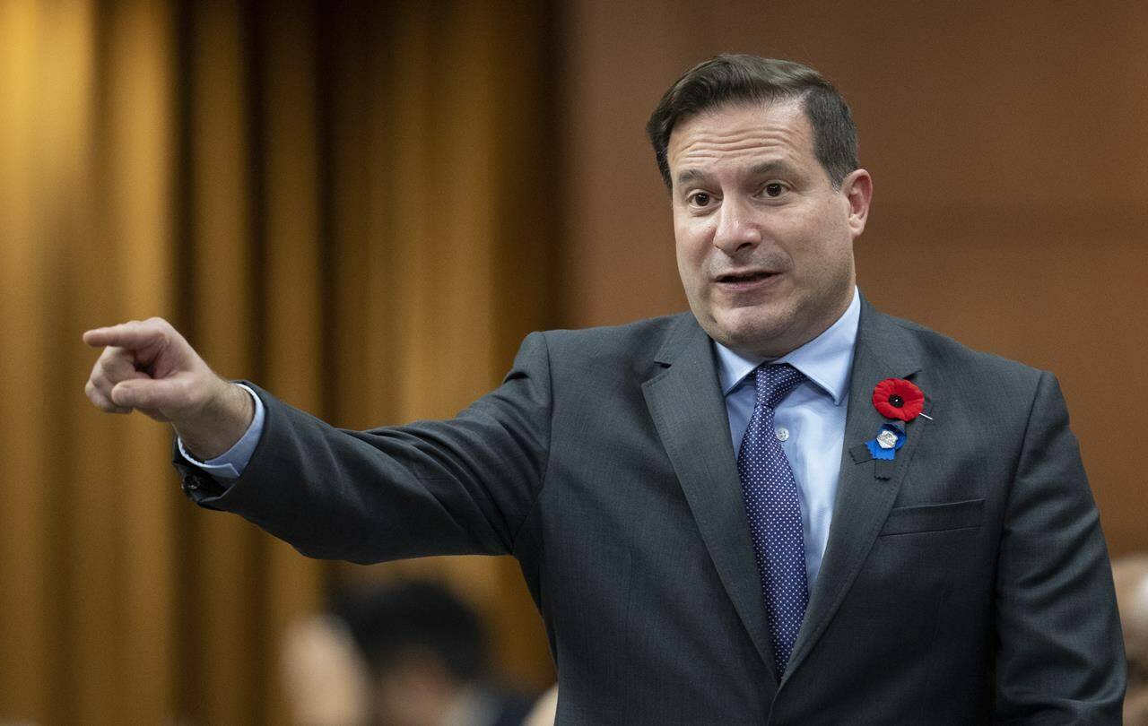 Public Safety Minister Marco Mendicino rises during Question Period, in Ottawa, Thursday, Nov. 3, 2022. The federal government has formally banned the top echelons of the Iranian regime from entering the country. THE CANADIAN PRESS/Adrian Wyld