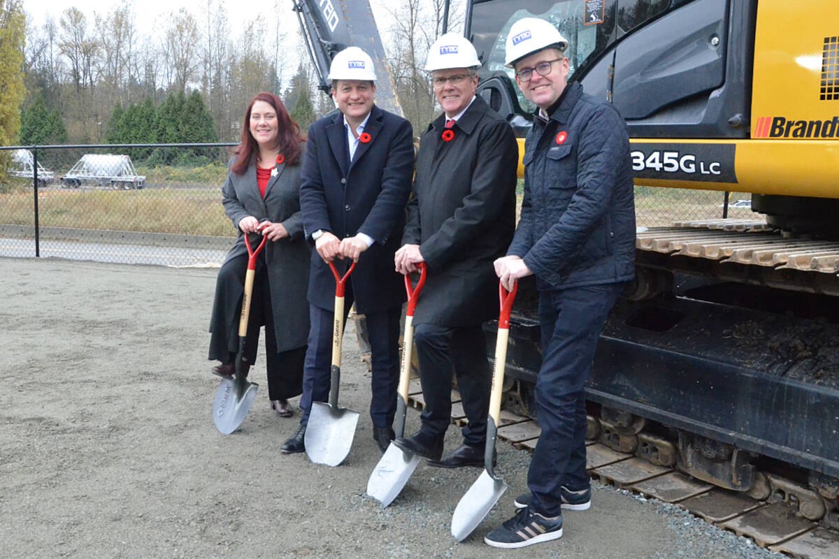From left, Langley MLA Megan Dykeman, Minister of Transportation Rob Fleming, Cloverdale-Langley City MP John Aldag, and Langley Township Mayor Eric Woodward were at the groundbreaking ceremony last week for the replacement of the Glover Road highway overpass. (Matthew Claxton/Langley Advance Times)