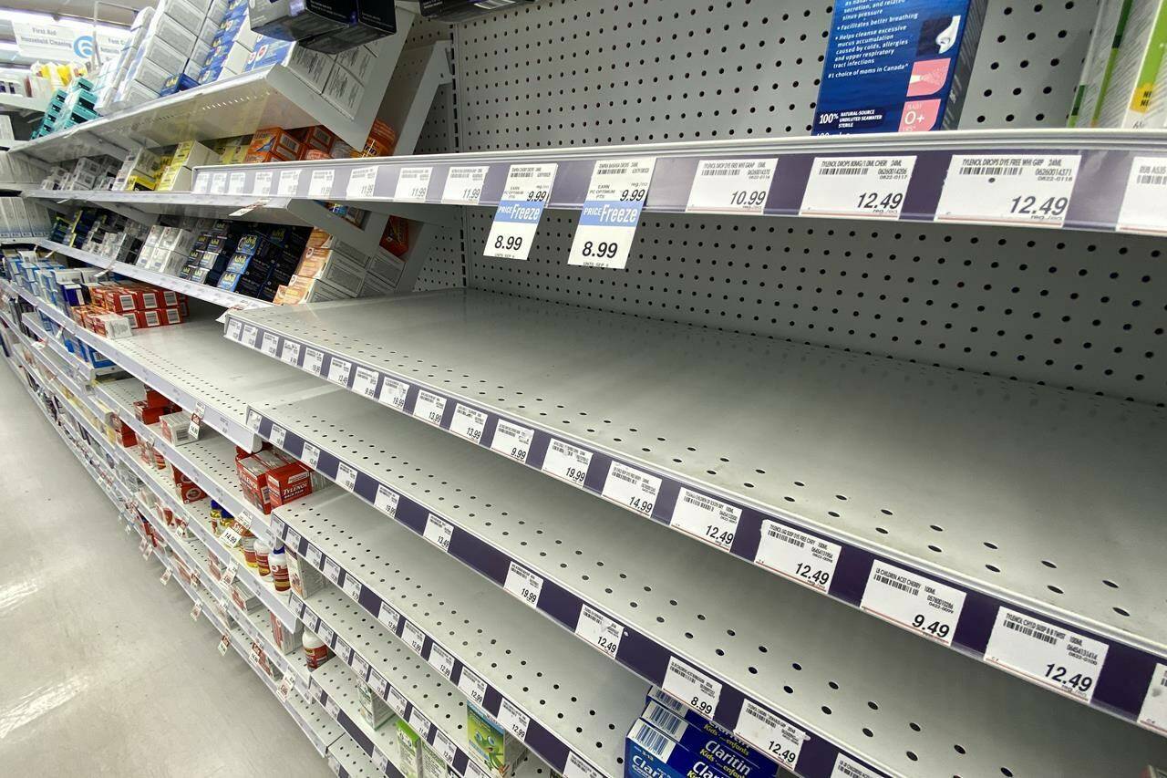 Many pharmacy shelves are empty of children’s pain medication. (Canadian Press photo)