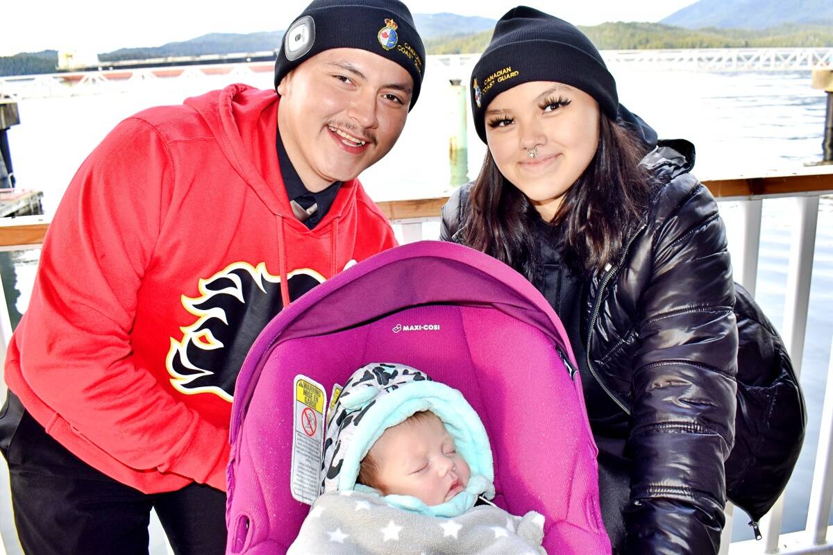 Justus Sankey and Alice Clifton with eight-week-old baby Willow on Nov 9, born on a coast guard search and rescue vessel on waters outside of Prince Rupert Aug. 27. (Photo: K-J Millar/The Northern View)
