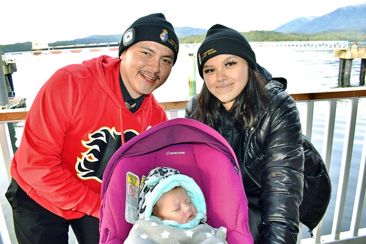 Justus Sankey and Alice Clifton with eight-week-old baby Willow on Nov 9, born on a coast guard search and rescue vessel on waters outside of Prince Rupert aug. 27. (Photo: K-J Millar/The Northern View)