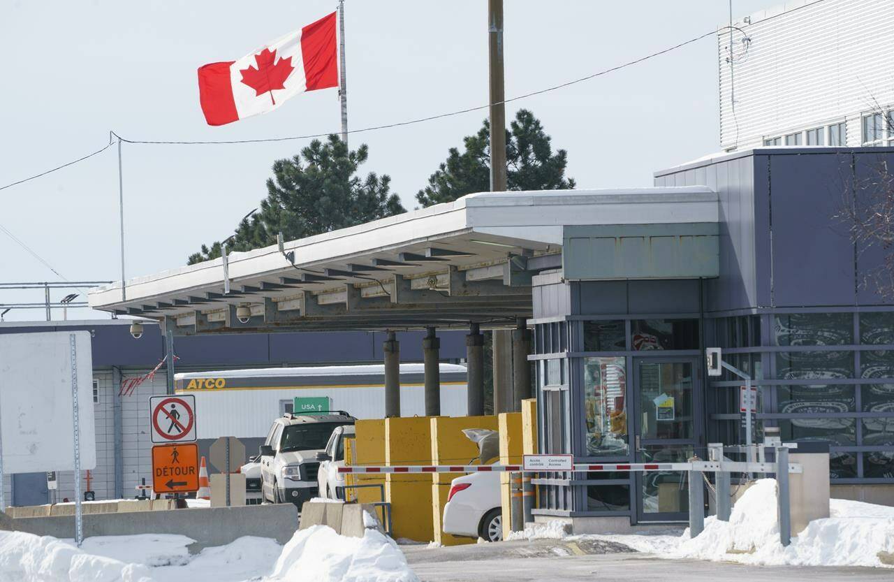 The Canadian border crossing is seen during the COVID-19 pandemic in Lacolle, Que. on Friday, Feb. 12, 2021. A new poll suggests the vast majority of Canadians are worried about how the federal Liberal government’s plan to dramatically increase immigration levels over the next few years will affect housing and government services. THE CANADIAN PRESS/Paul Chiasson