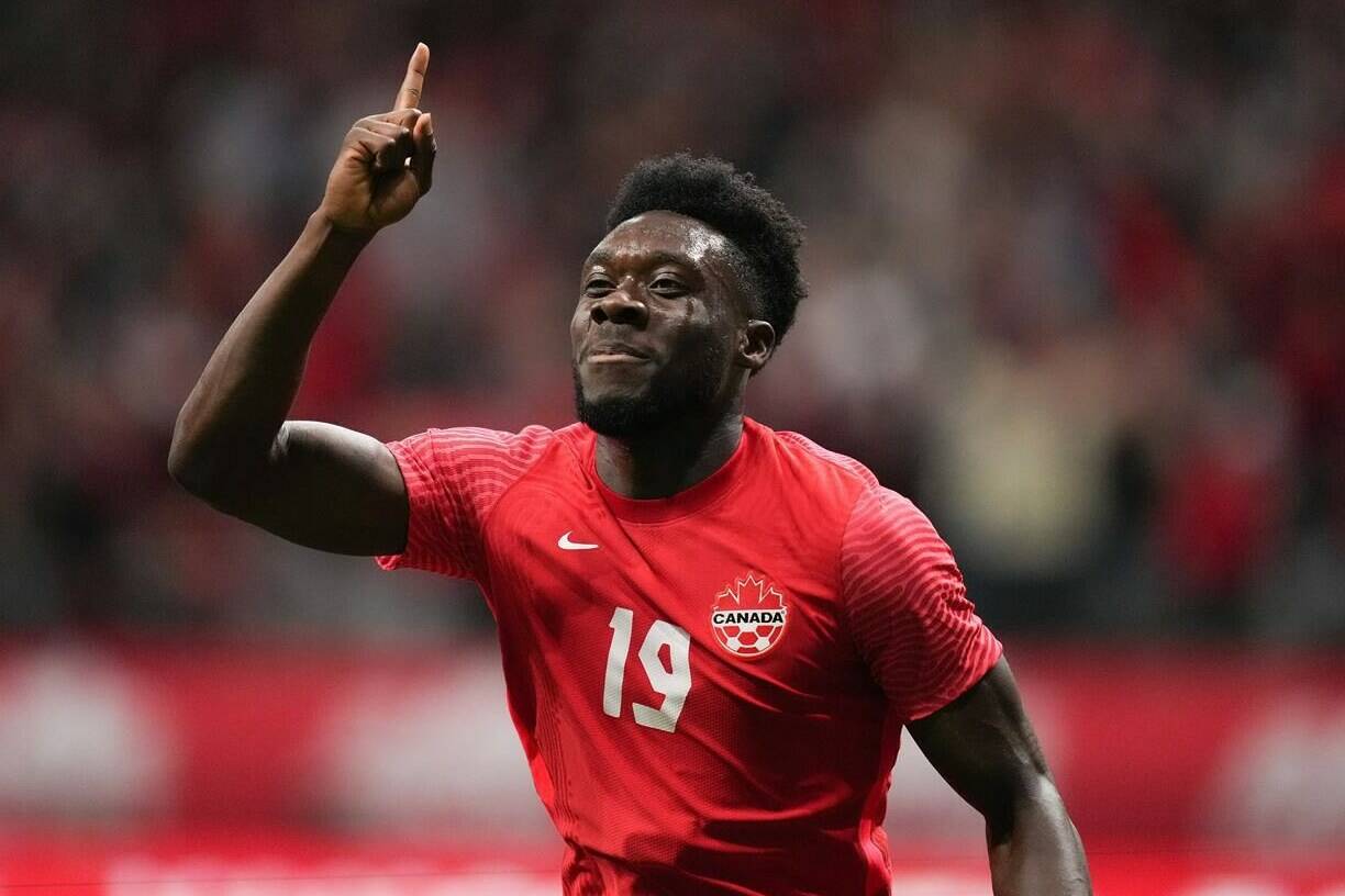 Canada’s Alphonso Davies celebrates his penalty kick goal against Curacao during the first half of a CONCACAF Nations League soccer match, in Vancouver, on Thursday, June 9, 2022. Davies has come a long way in a short time. Now the 22-year-old from Edmonton is set to shine on the world stage. THE CANADIAN PRESS/Darryl Dyck