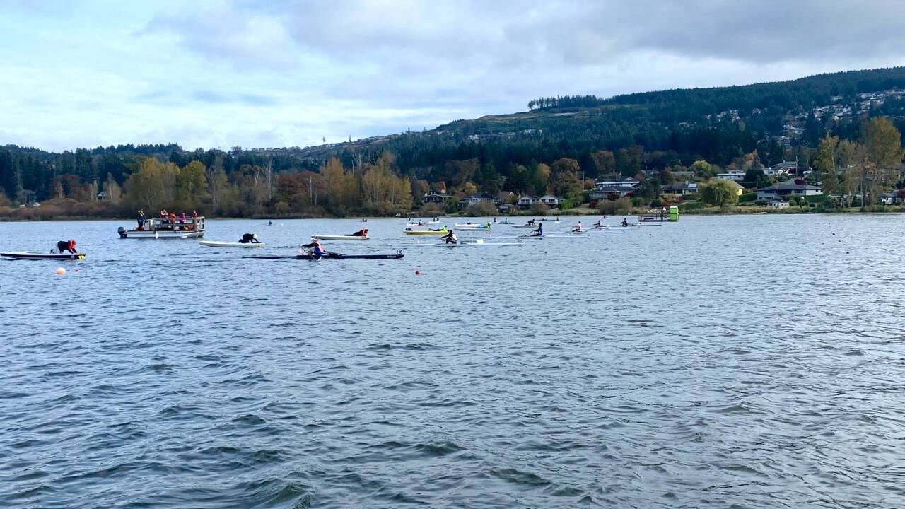 Rowers line up on Quamichan Lake to start a race during Rowing Canada’s 2022 National Championships co-hosted by Rowing Canada and the Maple Bay Rowing Club. (Courtesy of Susan McDonald)