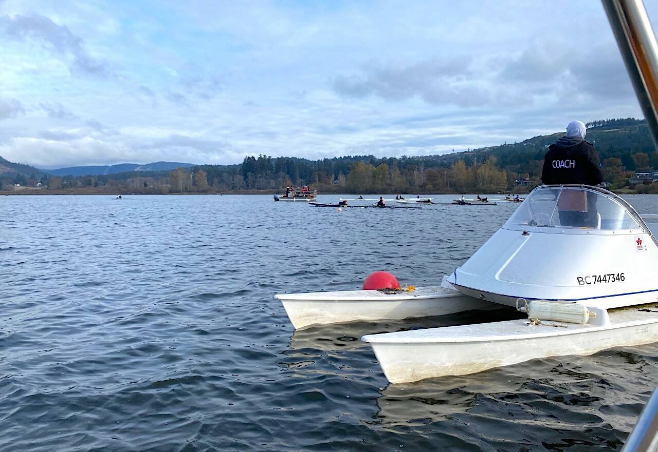 Maple Bay Rowing Club head coach Andrew Rae looks on as his rowers line up on Quamichan Lake to start a race during Rowing Canada’s 2022 National Championships co-hosted by Rowing Canada and the Maple Bay Rowing Club. (Courtesy of Susan McDonald)