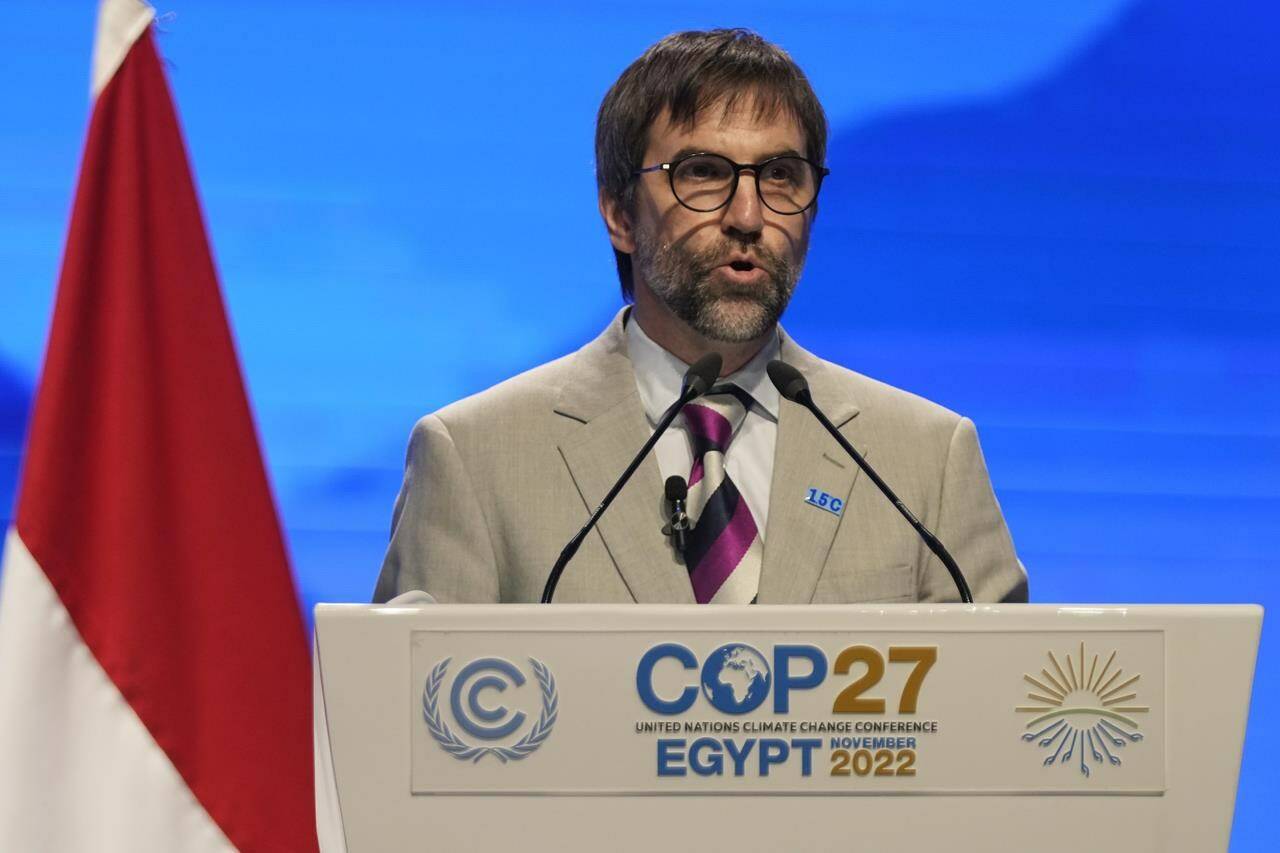 Steven Guilbeault, minister of the environment and climate change of Canada, speaks at the COP27 UN Climate Summit, Tuesday, Nov. 15, 2022, in Sharm el-Sheikh, Egypt. THE CANADIAN PRESS/AP-Peter Dejong