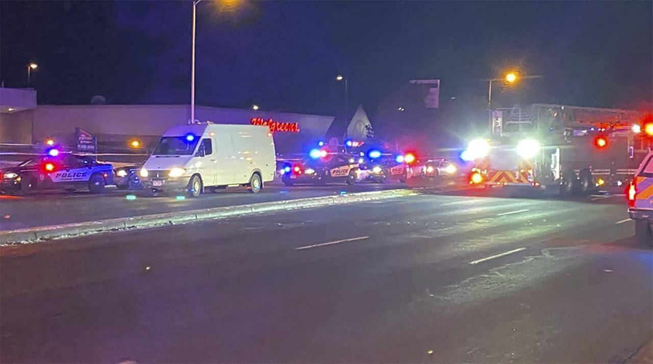 This image provided by KTTV shows the scene after a shooting at a gay nightclub in Colorado Springs, Colo., Saturday, Nov. 20, 2022. (KTTV via AP)