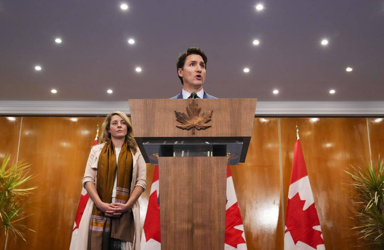 Minister of Foreign Affairs Melanie Joly and Prime Minister Justin Trudeau hold a press conference following their participation in the Francophonie Summit in Djerba, Tunisia on Sunday, Nov. 20, 2022. THE CANADIAN PRESS/Sean Kilpatrick