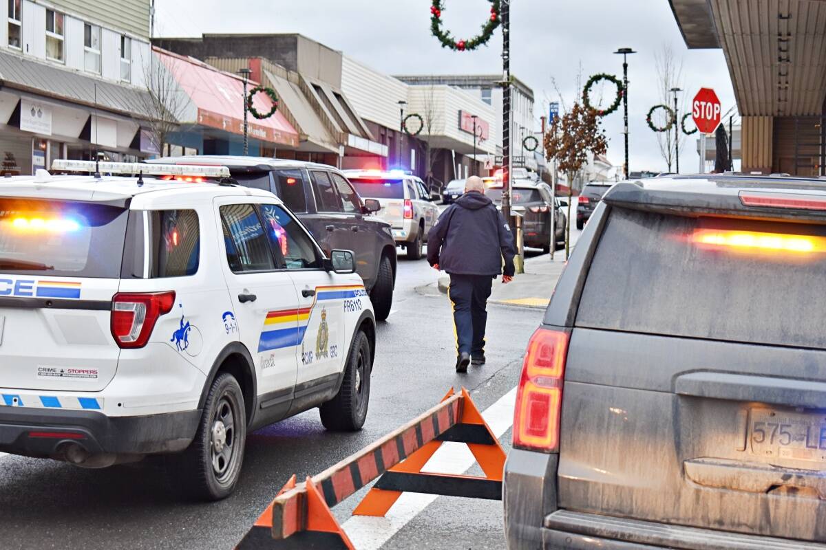 Prince Rupert RCMP vehicles are stationed outside Ocean Centre Mall after a morning incident left one person dead and one critically injured, on Nov. 21. (Photo:K-J Millar/The Northern View)