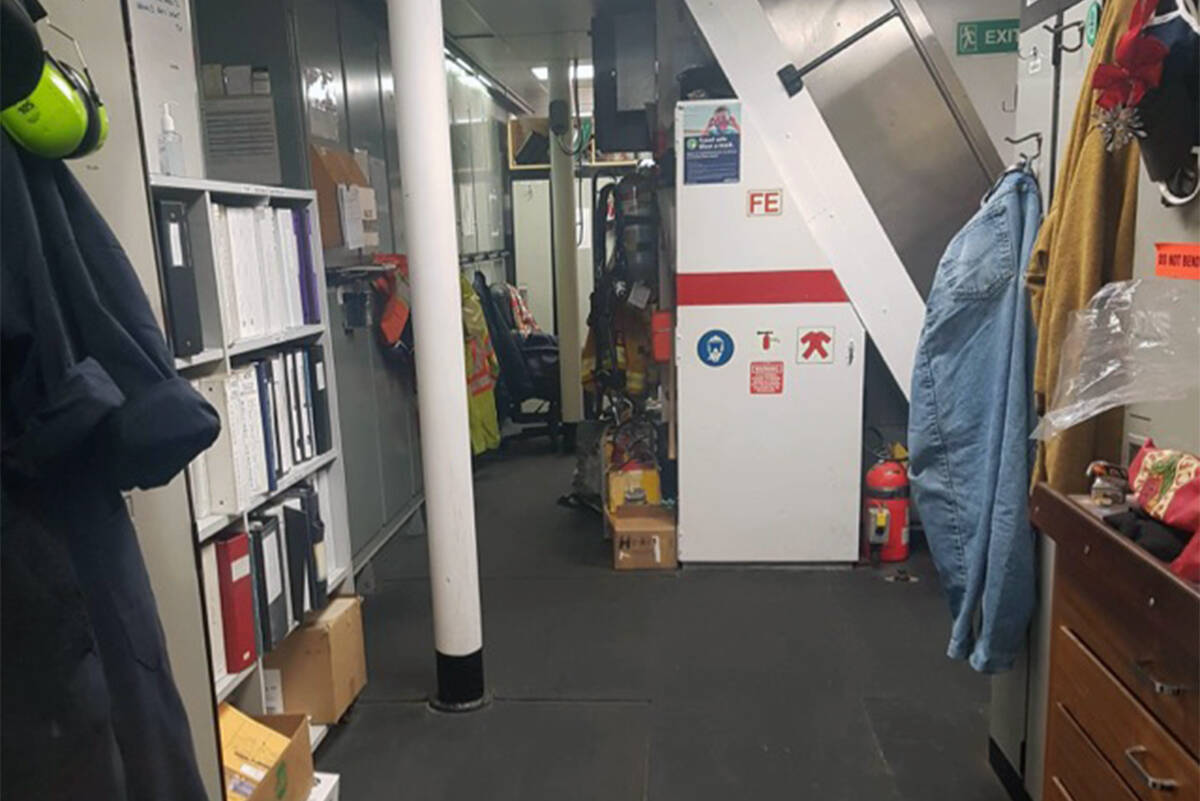 The space behind the switchboard on the Queen of Cumberland where women engineers have been changing into their coveralls. This space cannot be locked and has five separate entrances, says lawyer Adrienne Smith. Crew members often need to enter to get equipment. This space is typical of spaces where women engineers change, Smith says. (Courtesy of Adrienne Smith)