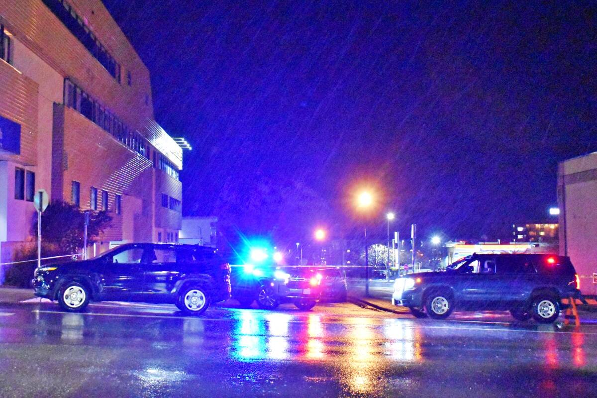 Prince Rupert RCMP remain on scene after dark following a Nov. 21, 8:30 a.m. shooting at Ocean Centre Mall. Police have confirmed a 52-year old female died on site, and the suspected male shooter died in hospital. (Photo: K-J Millar/The Northern View)
