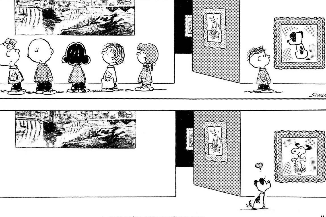 This combination of photos shows a “Peanuts” cartoon by Charles M. Schulz in 1999 showing kids at a museum with one off on the side, gazing at a painting of the dog Earl from “Mutts,” top, and an upcoming “Mutts” cartoon by Patrick McDonnell showing Earl at the museum fondly looking at a framed image of Snoopy. More than 75 syndicated cartoonists have tucked tributes, Easter eggs and references to “Peanuts” in Nov. 26/Saturday’s funny papers to honor the creator of Charlie Brown, Snoopy and company. (Peanuts via AP, top and King Features Syndicate via AP)