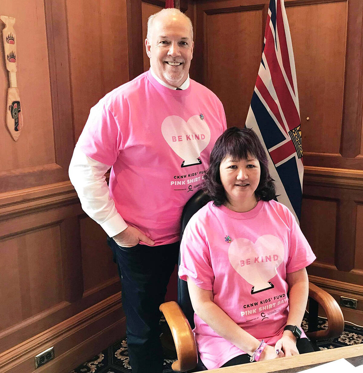 Carol Todd with Premier John Horgan for a speaking engagement at the BC Legislature on Pink Shirt Day in 2019. (Special to The News)