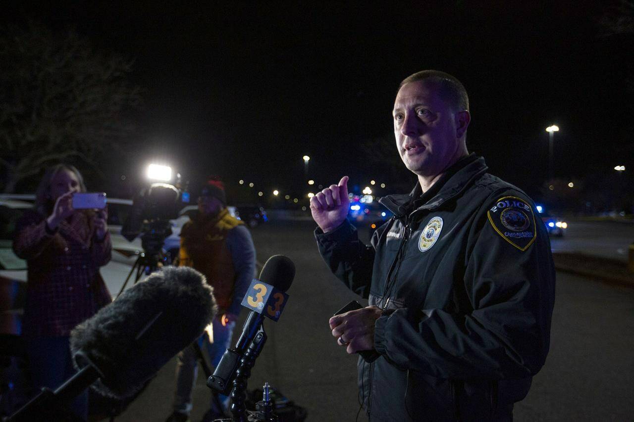 Chesapeake Police Public Information Officer Leo Kosinski delivers an update to the press following a mass shooting at a Chesapeake, Va., Walmart, Tuesday, Nov. 22, 2022. (Kendall Warner/The Virginian-Pilot via AP)