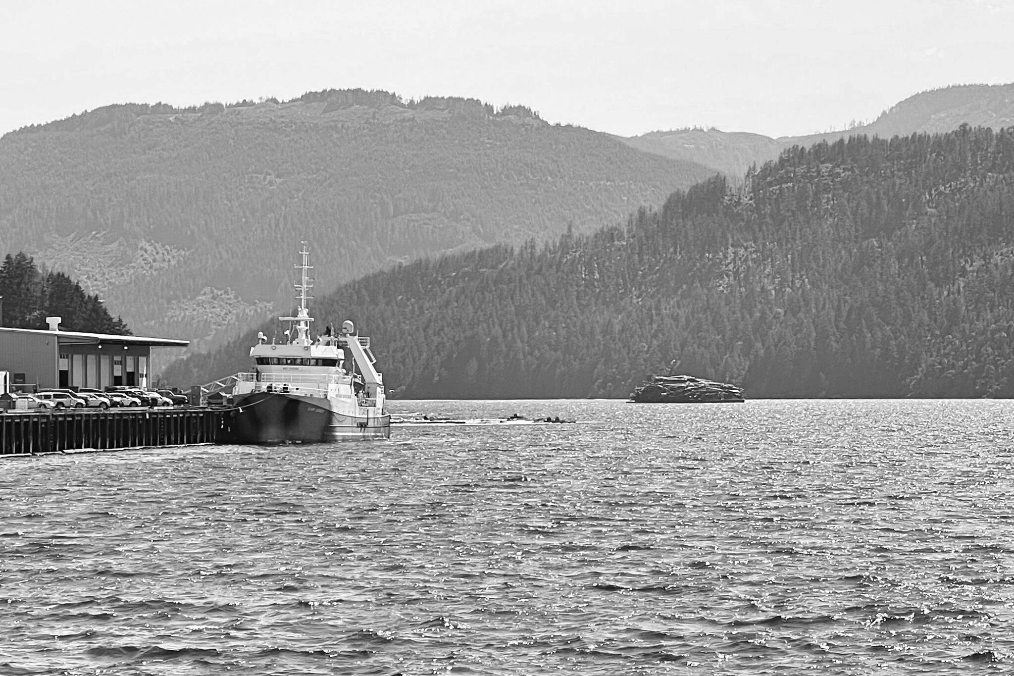 3:16 p.m. The trawler MV Raw Spirit is docked at Berth 2 at the Port Alberni Port Authority while a log barge passes in the middle of the Alberni Inlet. (SUSAN QUINN/ Alberni Valley News)