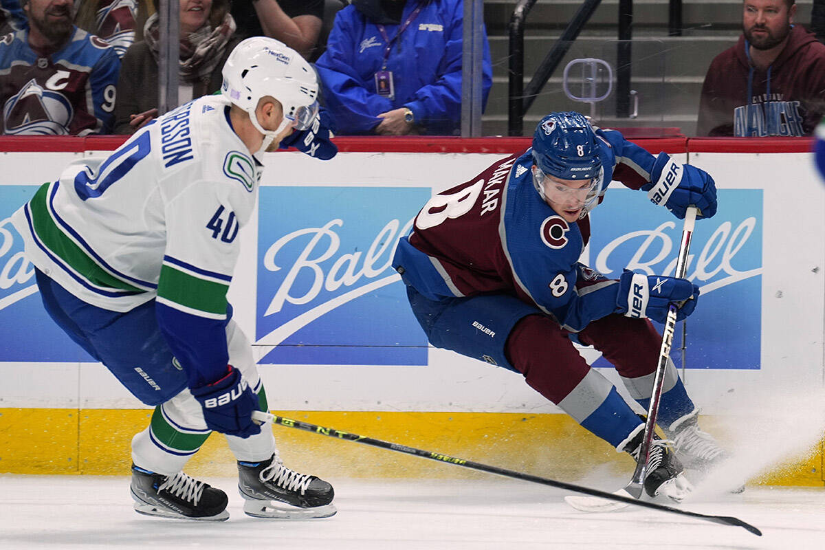Colorado Avalanche defenseman Cale Makar (8) skates against Vancouver Canucks center Elias Pettersson (40) during the first period of an NHL hockey game Wednesday, Nov. 23, 2022, in Denver. (AP Photo/Jack Dempsey)