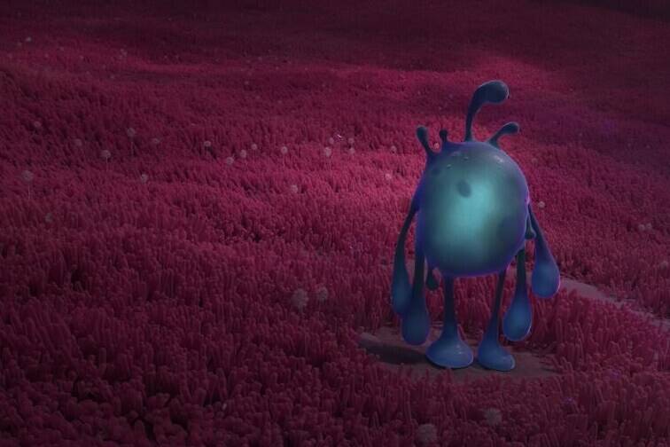 This image released by Disney shows Splat in a scene from the animated film “Strange World.” (Disney via AP)