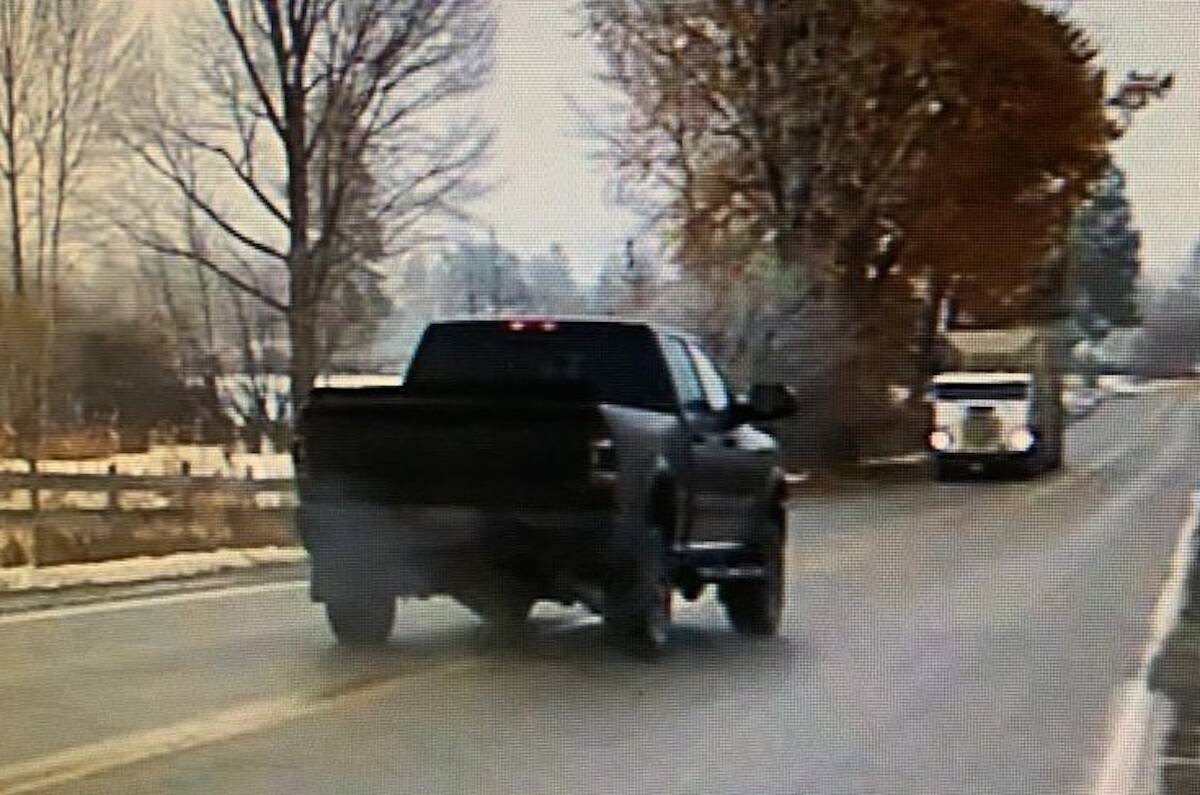 The black Dodge Ram truck the three suspects used was stolen from Coquitlam with a license plate from Langley. (Merritt RCMP/Submitted)