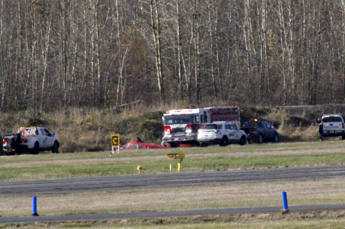 A small airplane crashed into the ditch beside one of the runways at Pitt Meadows Regional Airport at approximately 10:30 a.m. on Thursday, Nov. 24. (Brandon Tucker/The News)