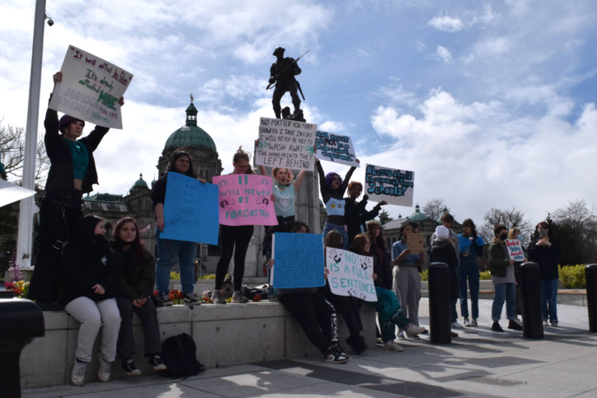 Greater Victoria high school students call for greater sexual assault education in front of the B.C. legislature on April 10, 2022. (Black Press Media file photo)