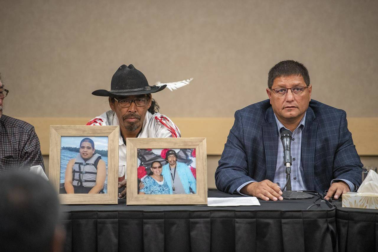 Mark Arcand, right, who’s sister Bonnie Burns and nephew Gregory (Jonesy) Burns were killed during a series of violent attacks at James Smith Cree Nation and Brian (Buggy) Burns, left, Bonnie Burns’s husband, speak to media at a press conference in Saskatoon on Wednesday, Sept. 7, 2022. THE CANADIAN PRESS/Liam Richards