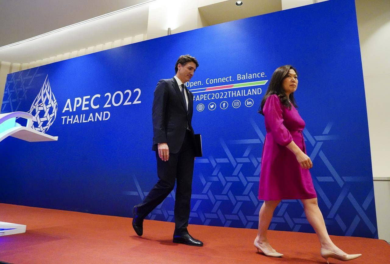Prime Minister Justin Trudeau is joined by Minister of International Trade Mary Ng after a news conference following his participation in the APEC summit in Bangkok, Thailand on Friday, Nov. 18, 2022. Federal officials are set to make an announcement about Canada’s long-promised Indo-Pacific strategy in Vancouver today. THE CANADIAN PRESS/Sean Kilpatrick