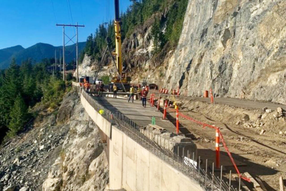 Crews install a cantilever along Hwy. 4 in August 2022. (BC Ministry of transportation and infrastructure photo)