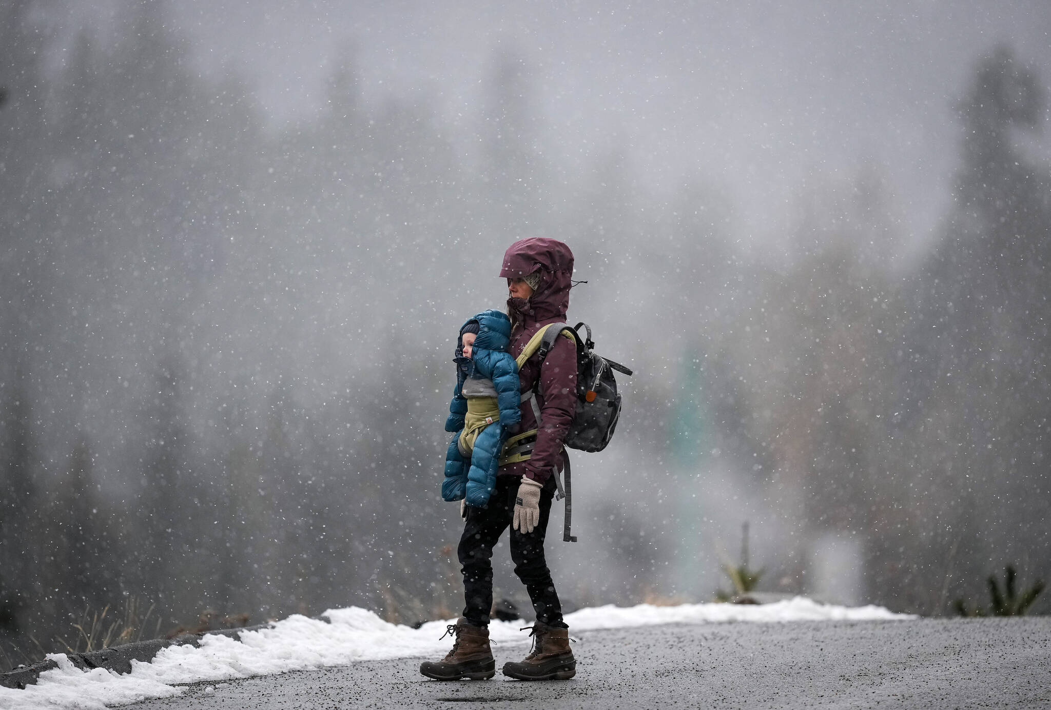 A spectator carrying a baby in a carrier watches the two-woman bobsleigh competition at the IBSF bobsleigh world cup event, as snow falls in Whistler, B.C., on Saturday, Nov. 26, 2022. THE CANADIAN PRESS/Darryl Dyck