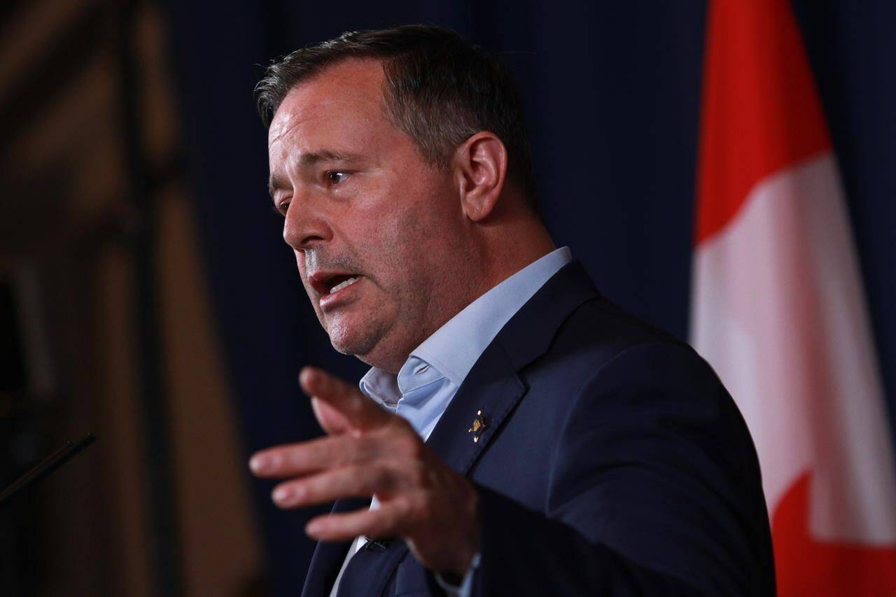 Alberta Premier Jason Kenney answers questions during a press conference in Victoria on Tuesday, July 12, 2022. A signed letter posted on the verified Twitter account of the former premier says he has resigned as a member of the legislature. THE CANADIAN PRESS/Chad Hipolito
