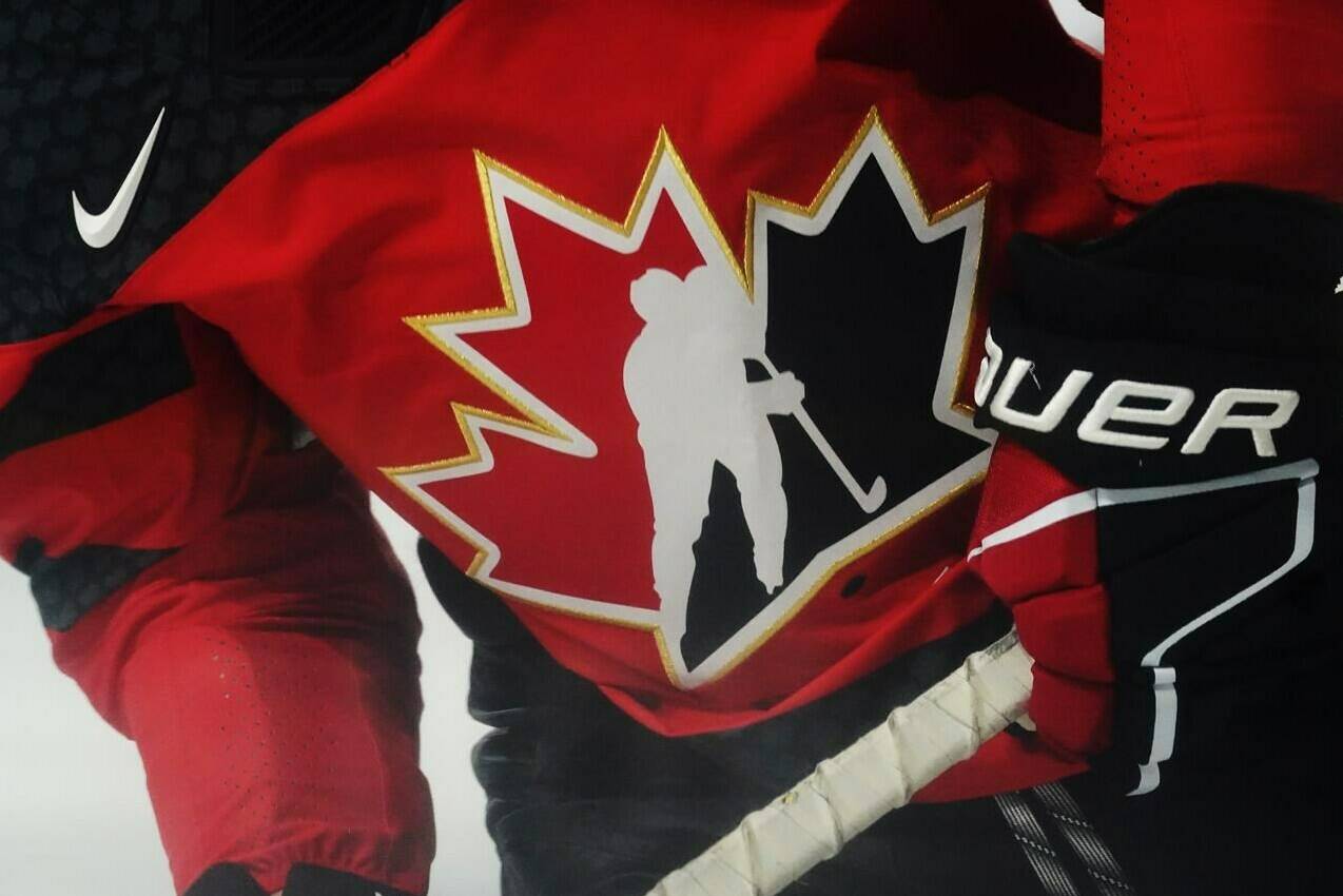 A Team Canada logo is shown on a player during the warm-up prior to Rivalry Series hockey action against the United States in Kamloops, B.C., Thursday, Nov. 17, 2022. Hockey Canada says there were more than 900 documented or alleged incidents of on-ice discrimination — verbal taunts, insults and intimidation — across all levels and age groups during the 2021-22 season. THE CANADIAN PRESS/Jesse Johnston